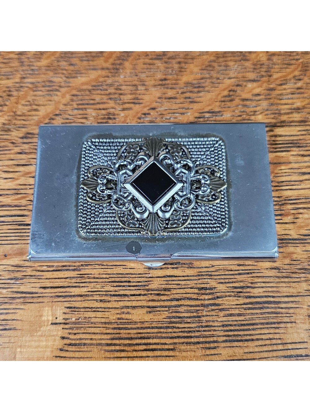 Ann Cichon Dallas Vintage Business Card Holder Black Glass Ornate Metal 3.6"